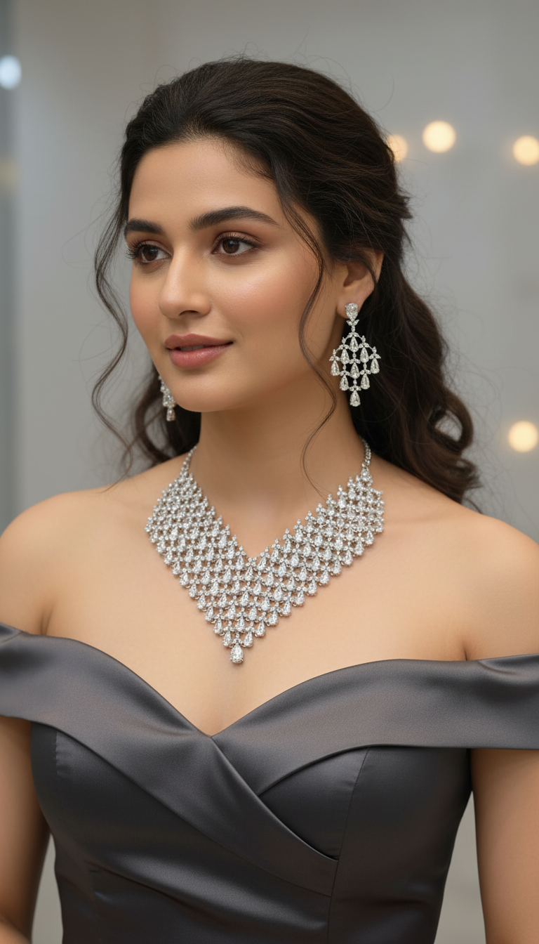 Cubic Zirconia Statement Necklace & Chandelier Earring Set