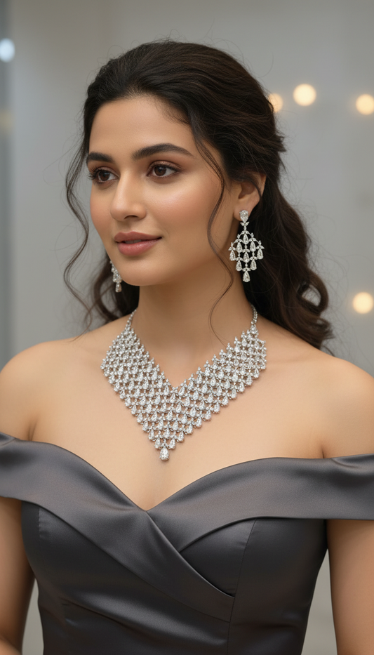 Cubic Zirconia Statement Necklace & Chandelier Earring Set