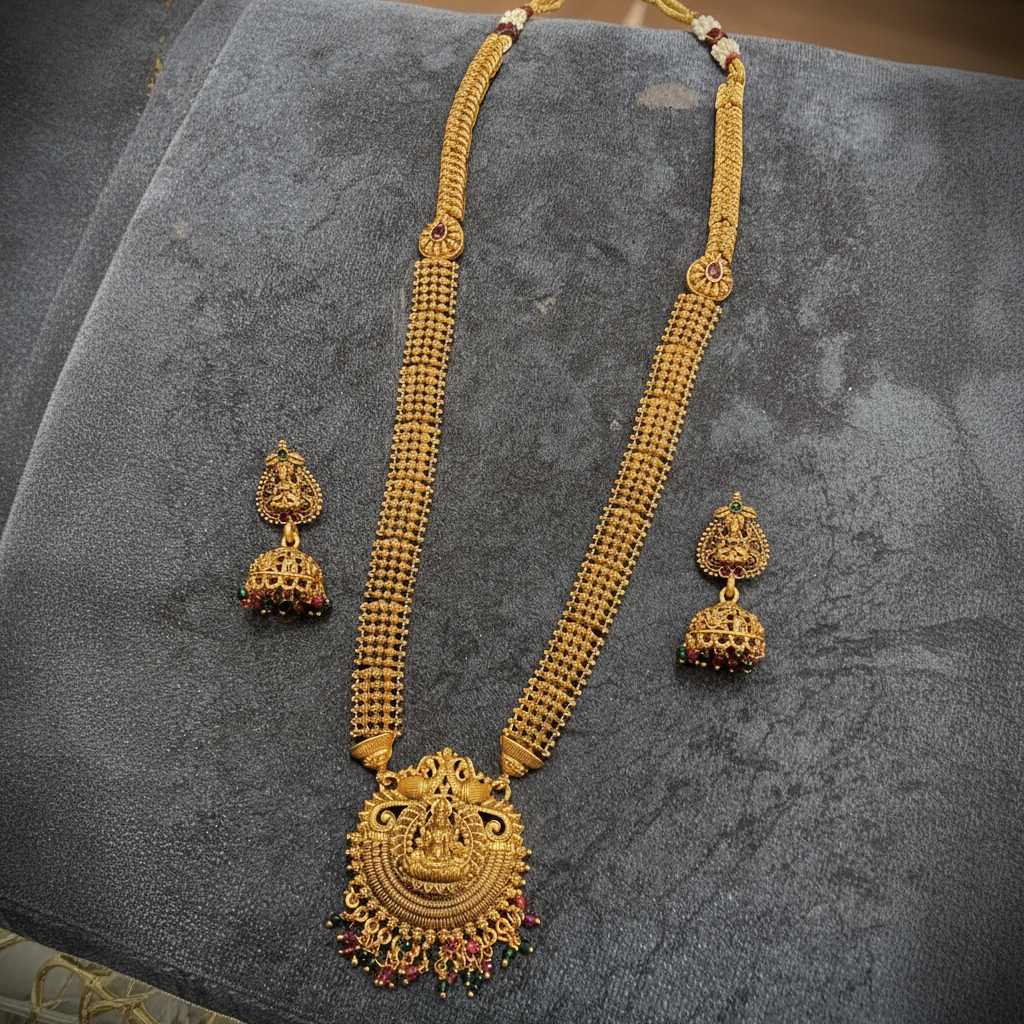 Artificial Gold Temple Jewellery Rani Haar with Jhumka Set