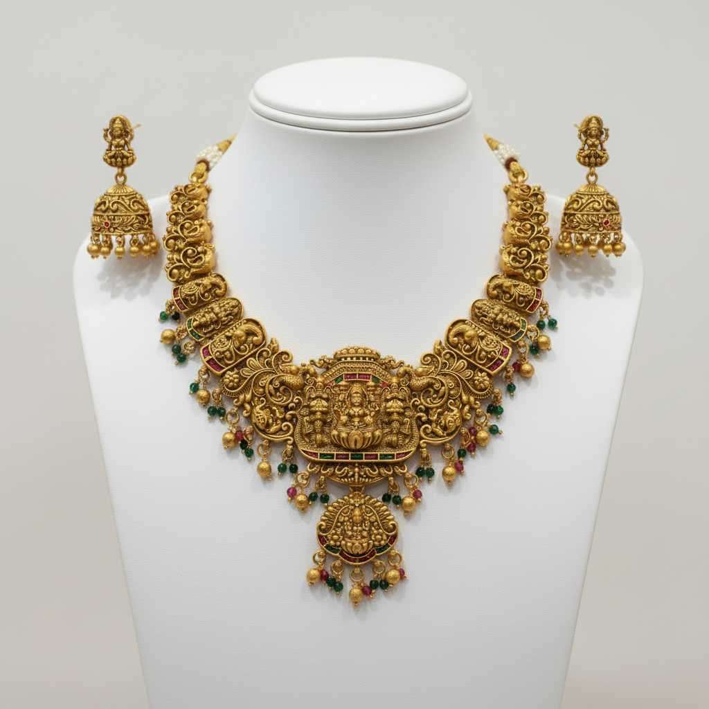 Divine Temple Gold Plated Necklace Set with Jhumka Earrings