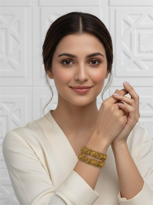 Nakshi Gold-Plated Temple Bangles with Green and Ruby Stones