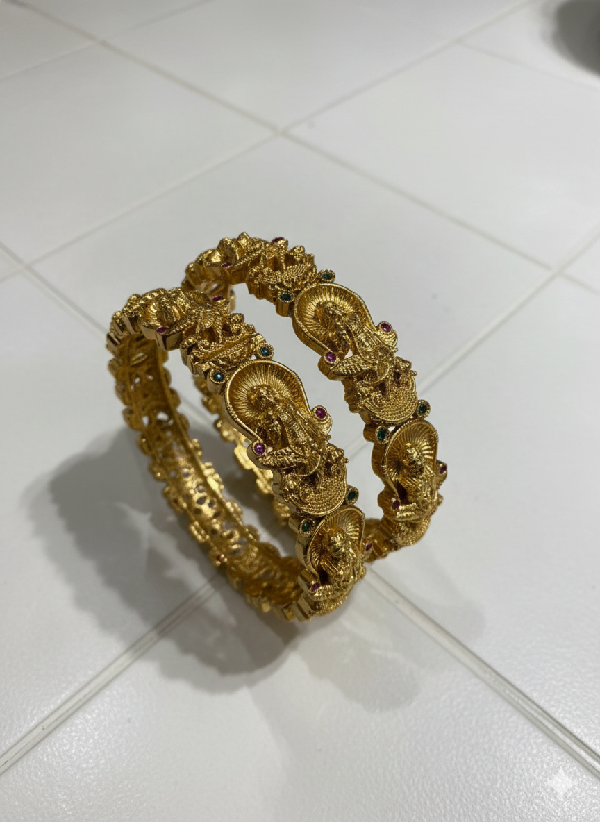 Nakshi Gold-Plated Temple Bangles with Green and Ruby Stones