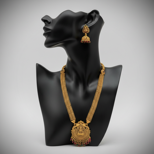 Artificial Gold Temple Jewellery Rani Haar with Jhumka Set