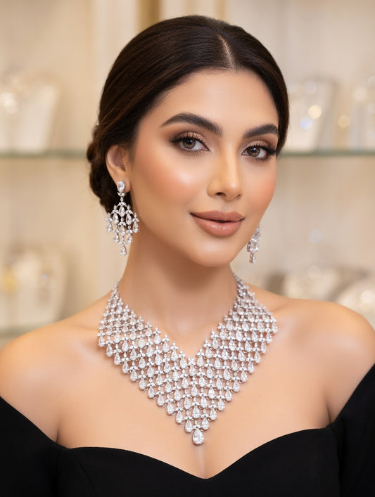 Cubic Zirconia Statement Necklace & Chandelier Earring Set