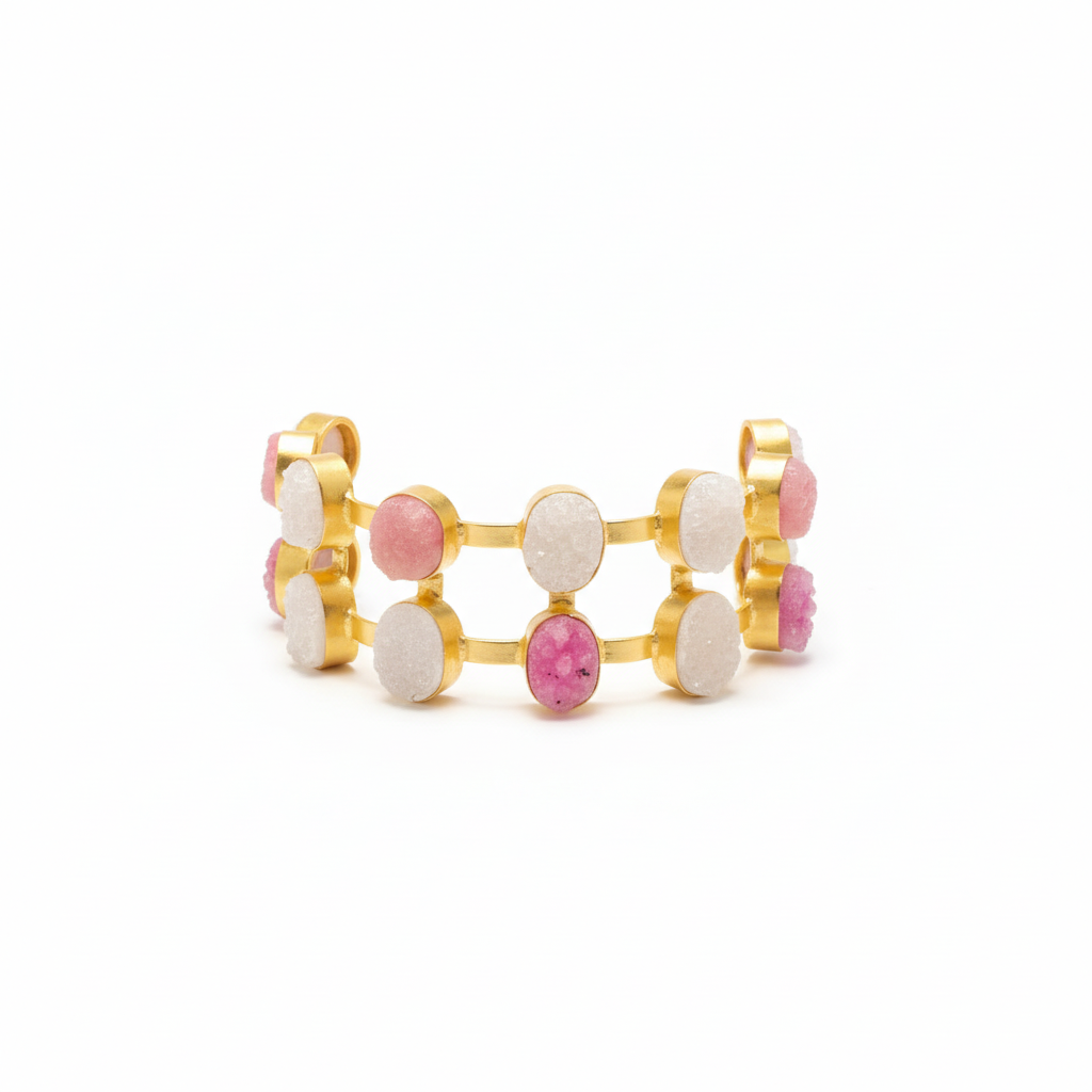 Rose Quartz & Pink Tourmaline Gold Bangle Bracelet