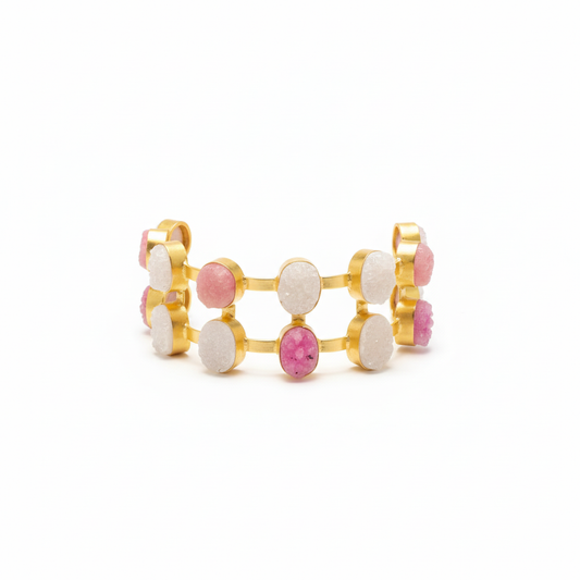 Rose Quartz & Pink Tourmaline Gold Bangle Bracelet